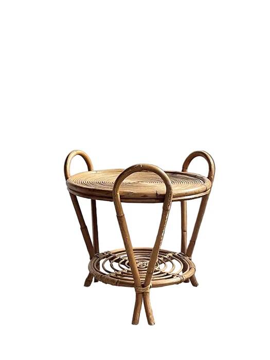 Vintage Sculptural Two-Tier Rattan Side Table with Loop Handles, Japan, 1970s