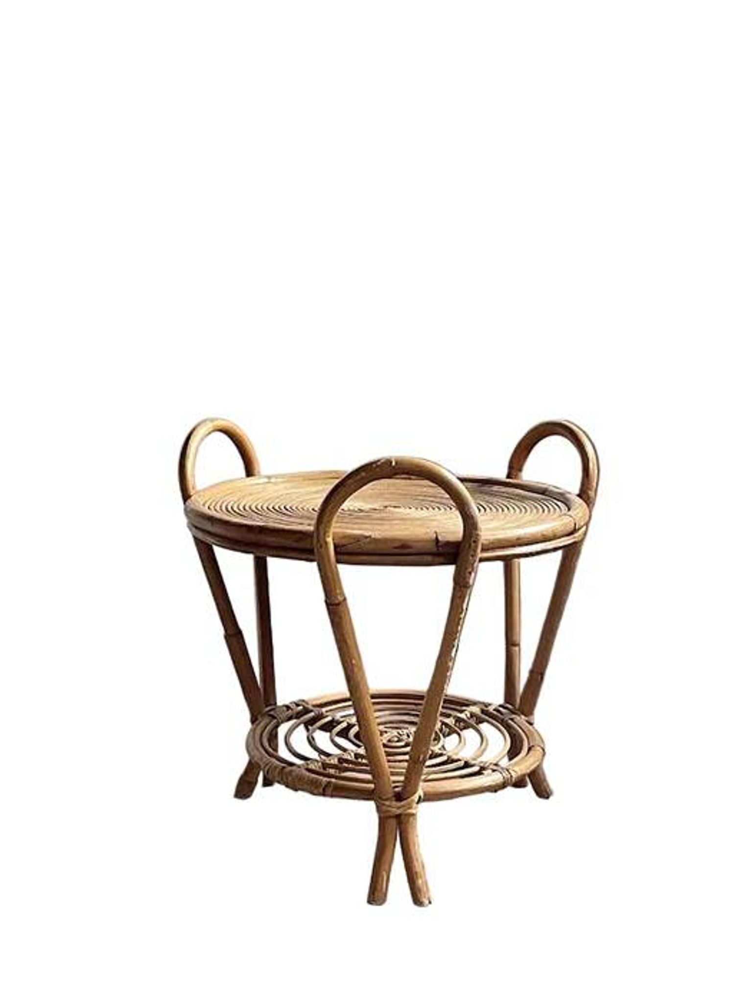 Table d'appoint sculpturale vintage à deux niveaux en rotin avec poignées en boucle, Japon, années 1970