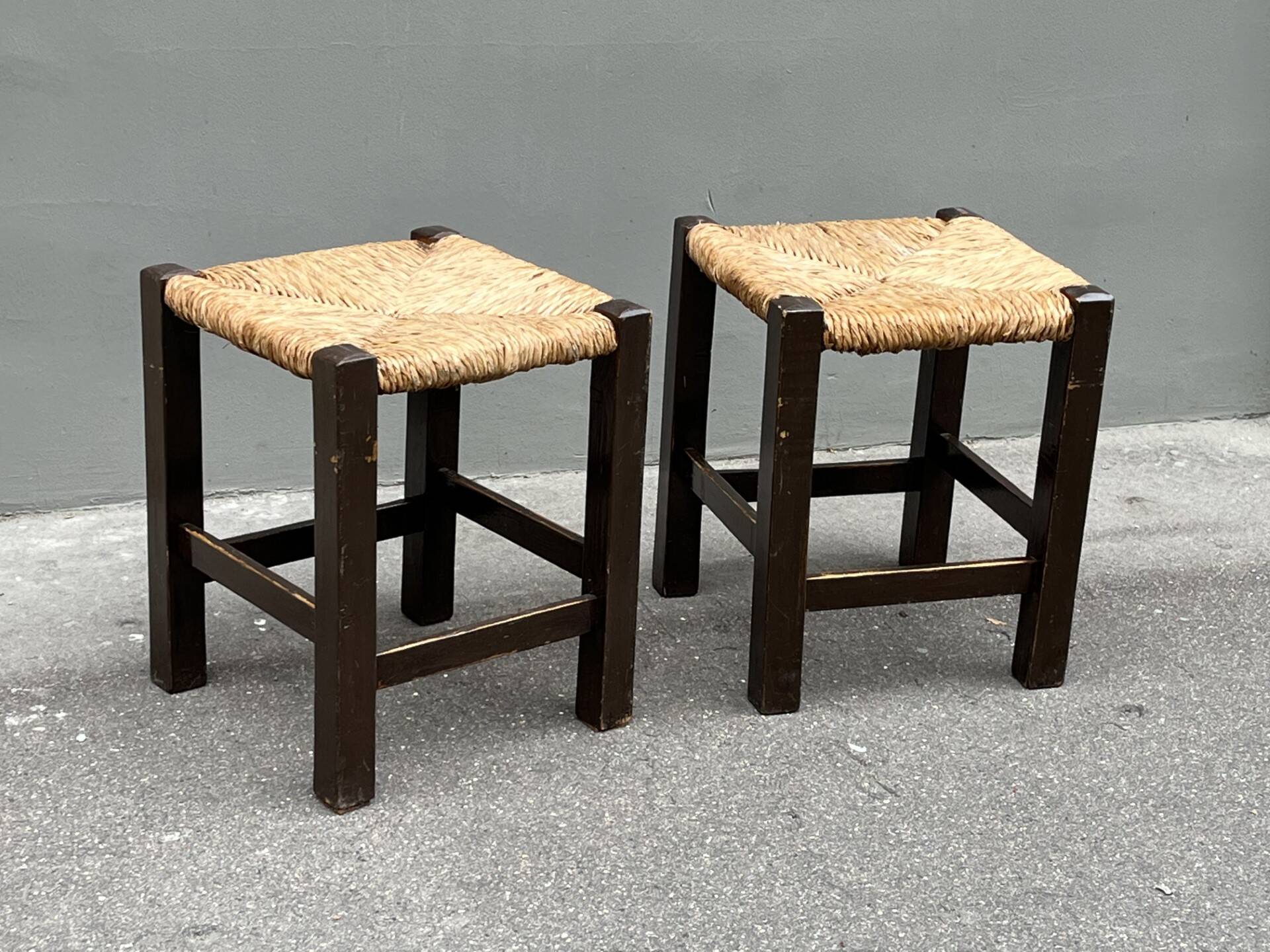 Pair of vintage straw-seat stools