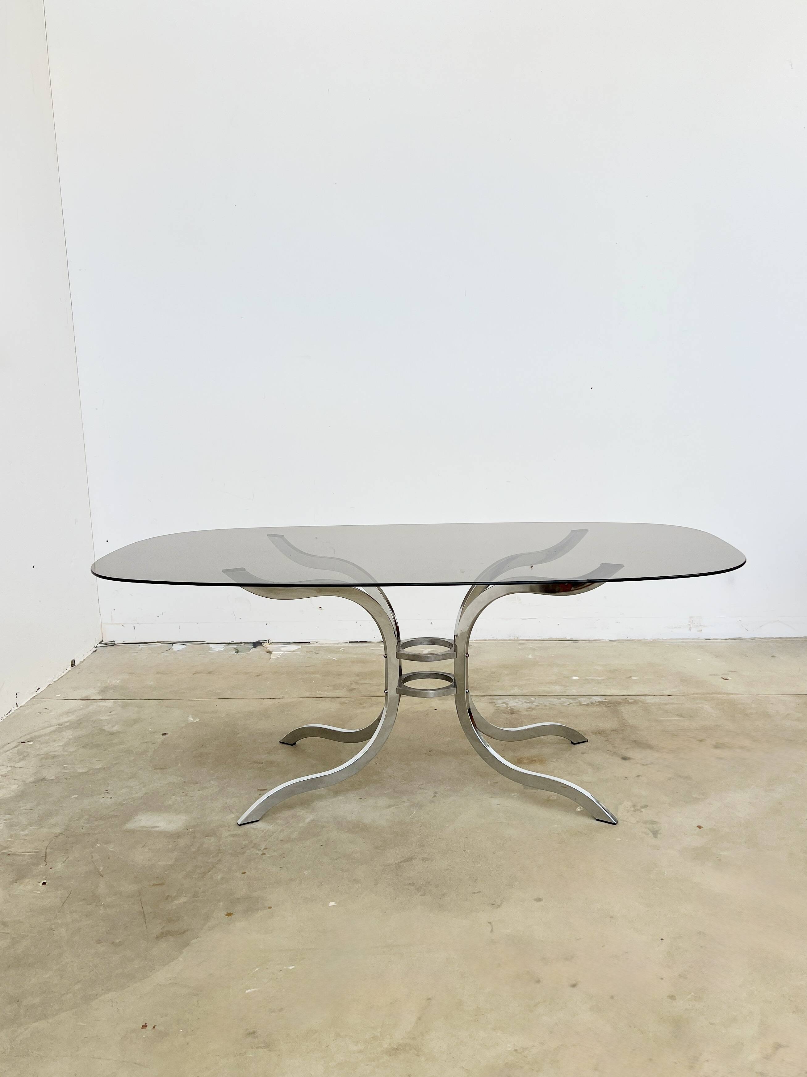 Oval smoked glass and chrome dining table, 1970s