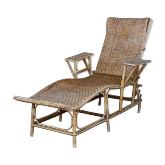 Chaise longue pliante en rotin et osier ancienne