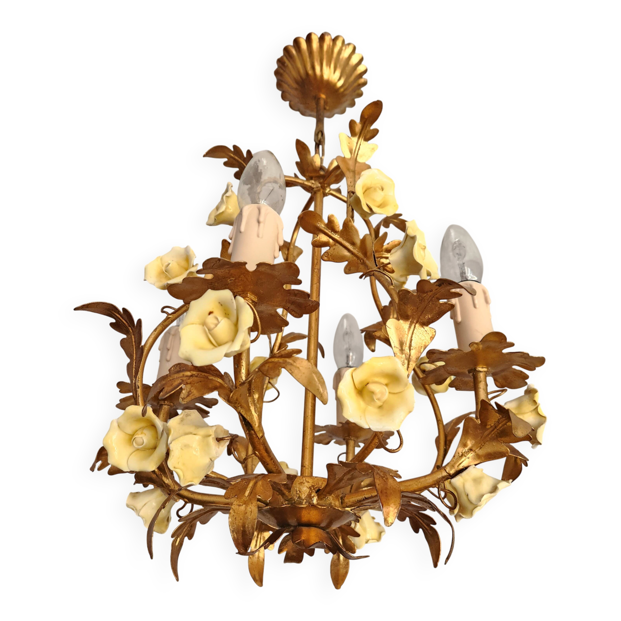 Vintage gilded hand-forged Florentine ceiling light with porcelain roses.