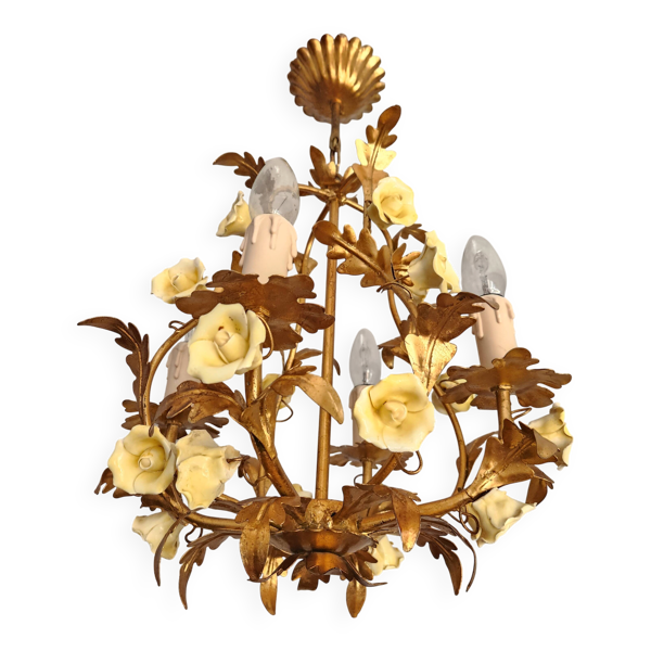 Vintage vergoldet handgeschmiedet Florentiner Deckenleuchte Porzellanrosen