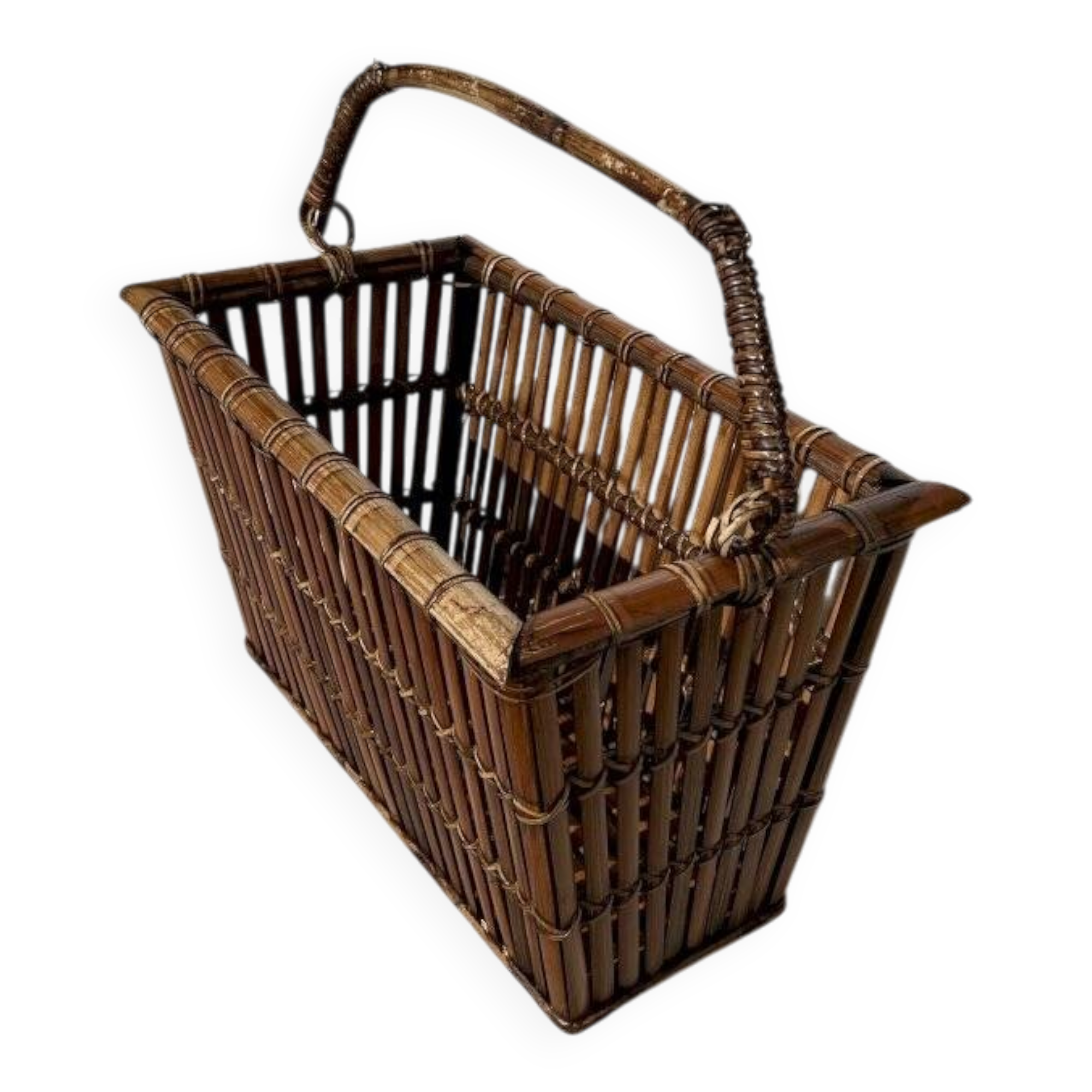 Brown wicker/rattan basket-shaped magazine rack