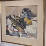 Watercolor, still life with fish