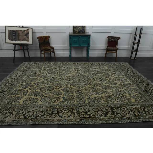 1970s Vintage Persian Handmade Wool Cotton Green Area Rug 265x368