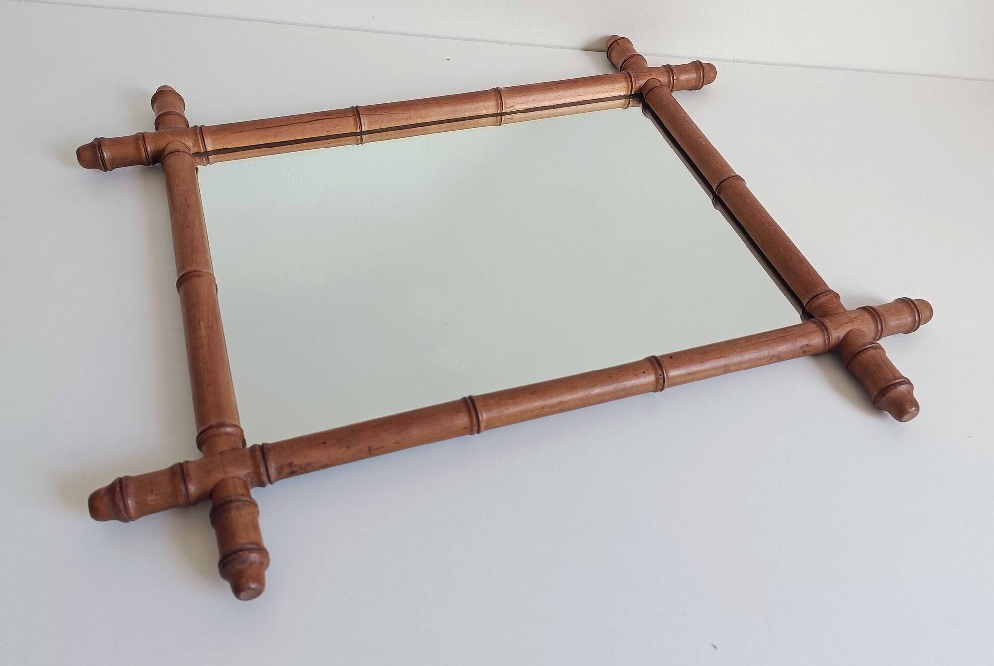 Art Nouveau Faux Bamboo Mirror, 65cm / 25.8", Handmade, Wood, C. 1900