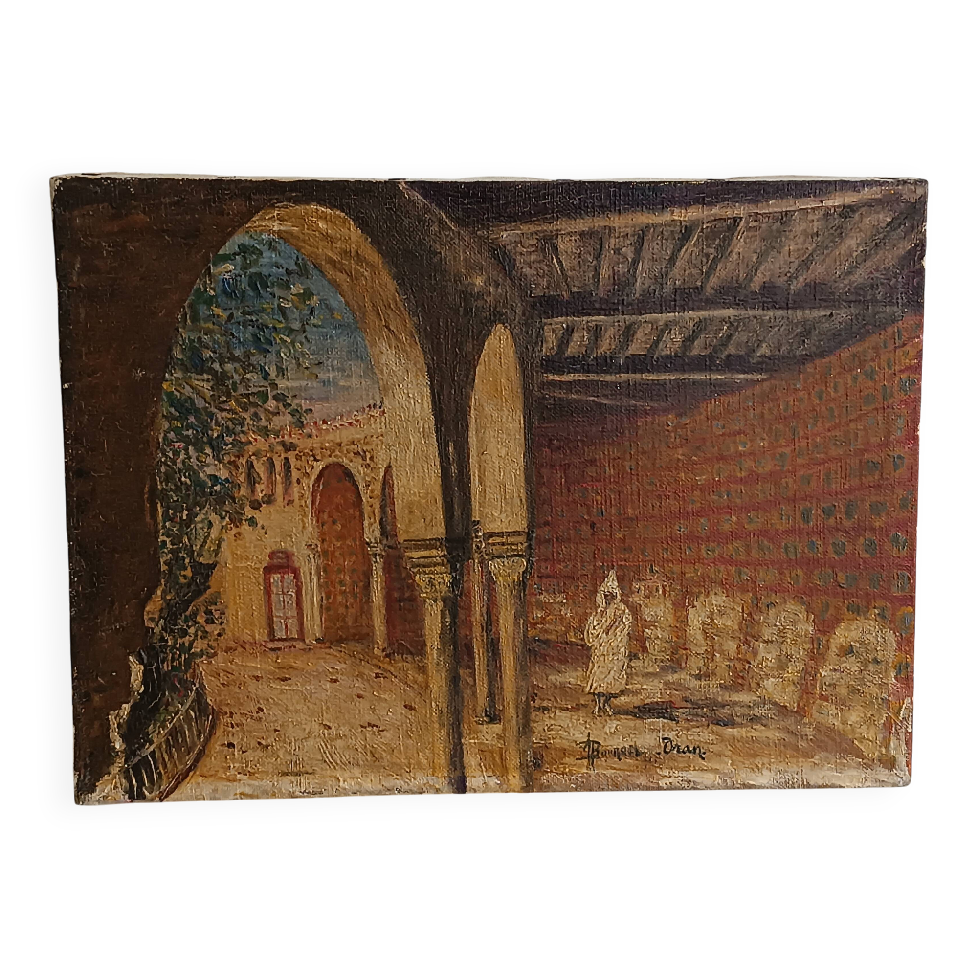 Oil painting on canvas of the courtyard of the pasha's mosque in Oran 1948