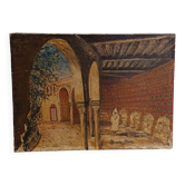 Tableau à l'huile sur toile cour de la mosquée du pacha à Oran 1948