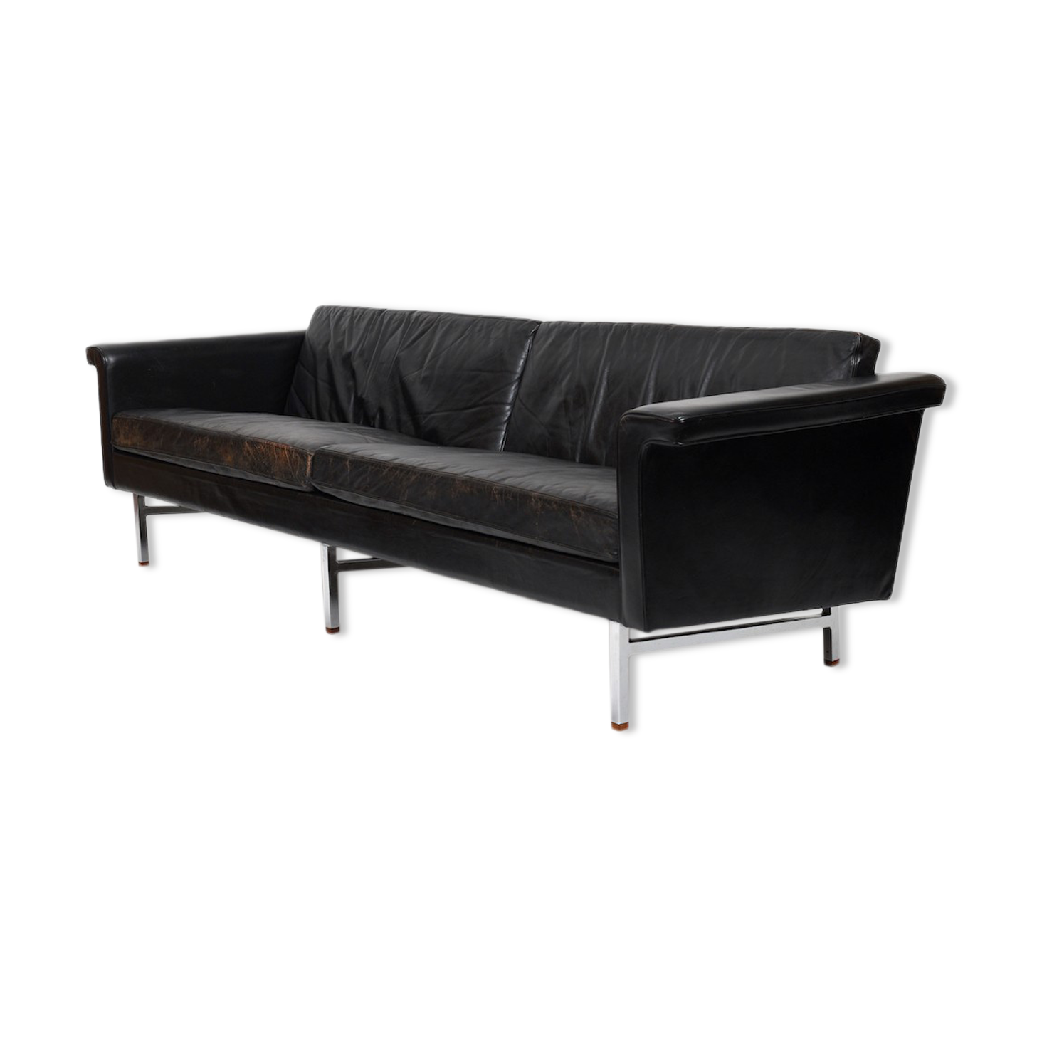 Danish leather sofa with chrome legs and teak ends