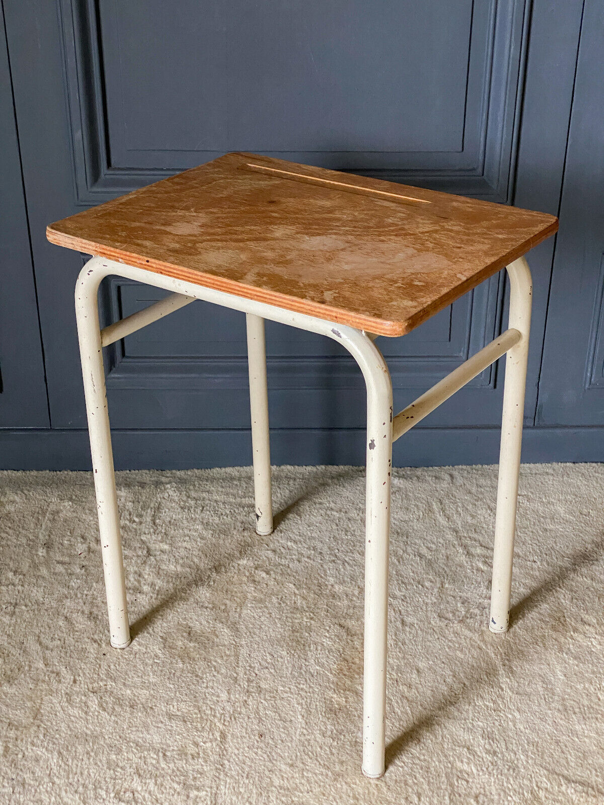 School desk 1960 white lacquered metal wooden top