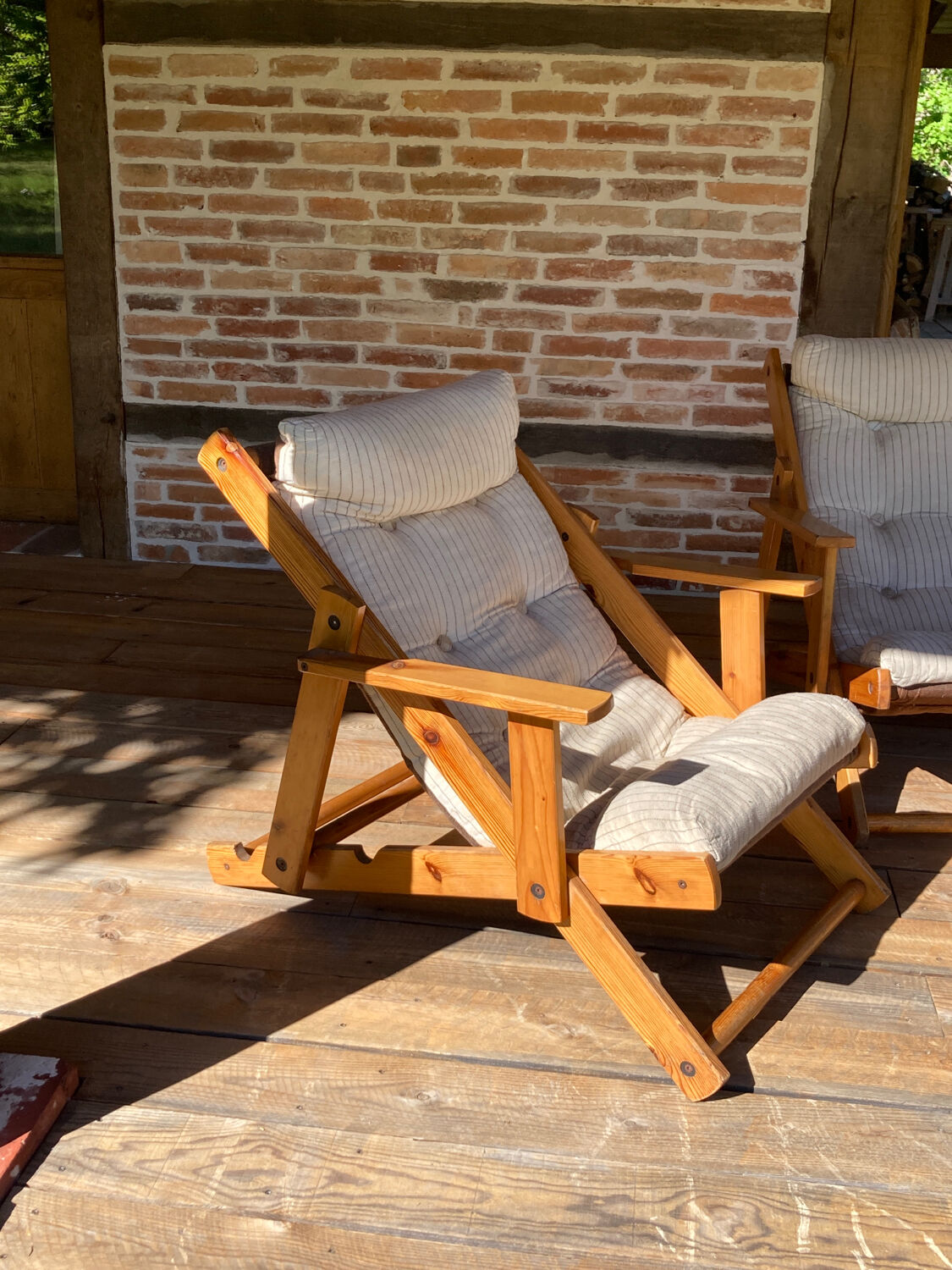 4 garden armchairs 1970 in pine and beige fabric
