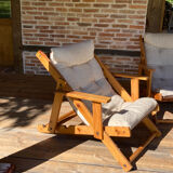 4 garden armchairs 1970 in pine and beige fabric