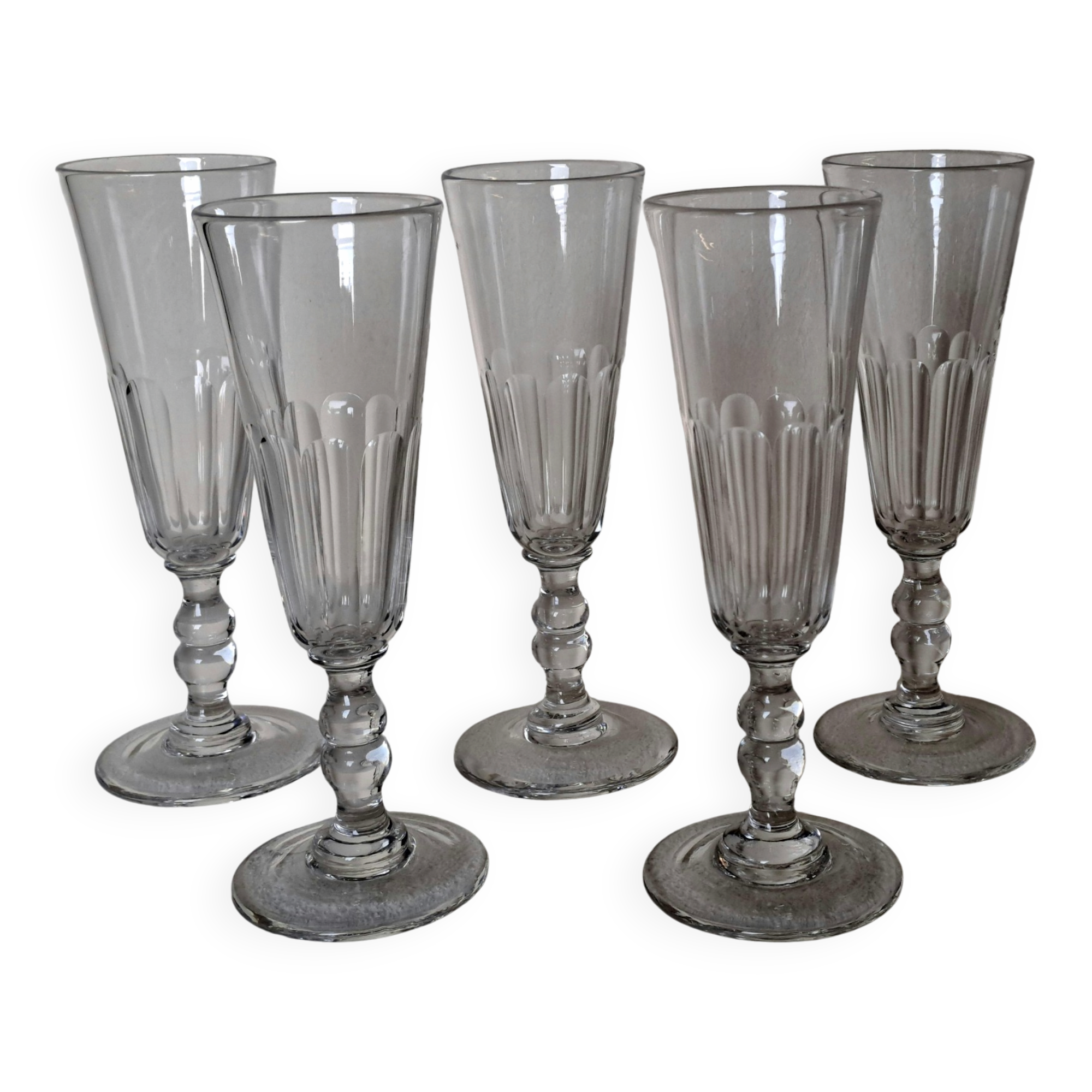 5 crystal Champagne flutes from Baccarat, Clermont model, 19th century.
