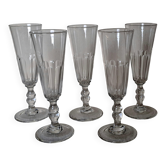 5 crystal Champagne flutes from Baccarat, Clermont model, 19th century.