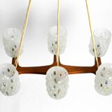 Beautiful 6-armed Scandinavian 1960s ceiling lamp made of teak and with gla