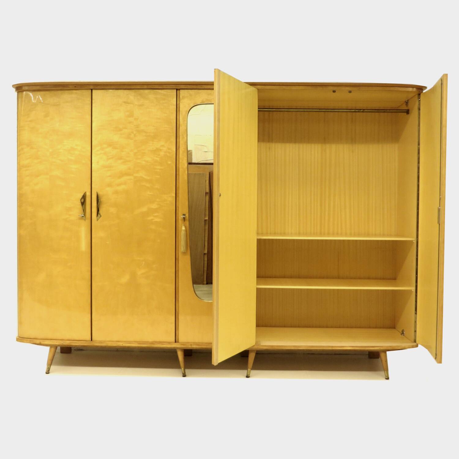 Large vintage mid century modern 5-door XL wardrobe in flamed maple, 1950s