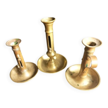 Lot de 3 bougeoirs anciens à poussoir bronze Epoque Napoléon III - Candlestick