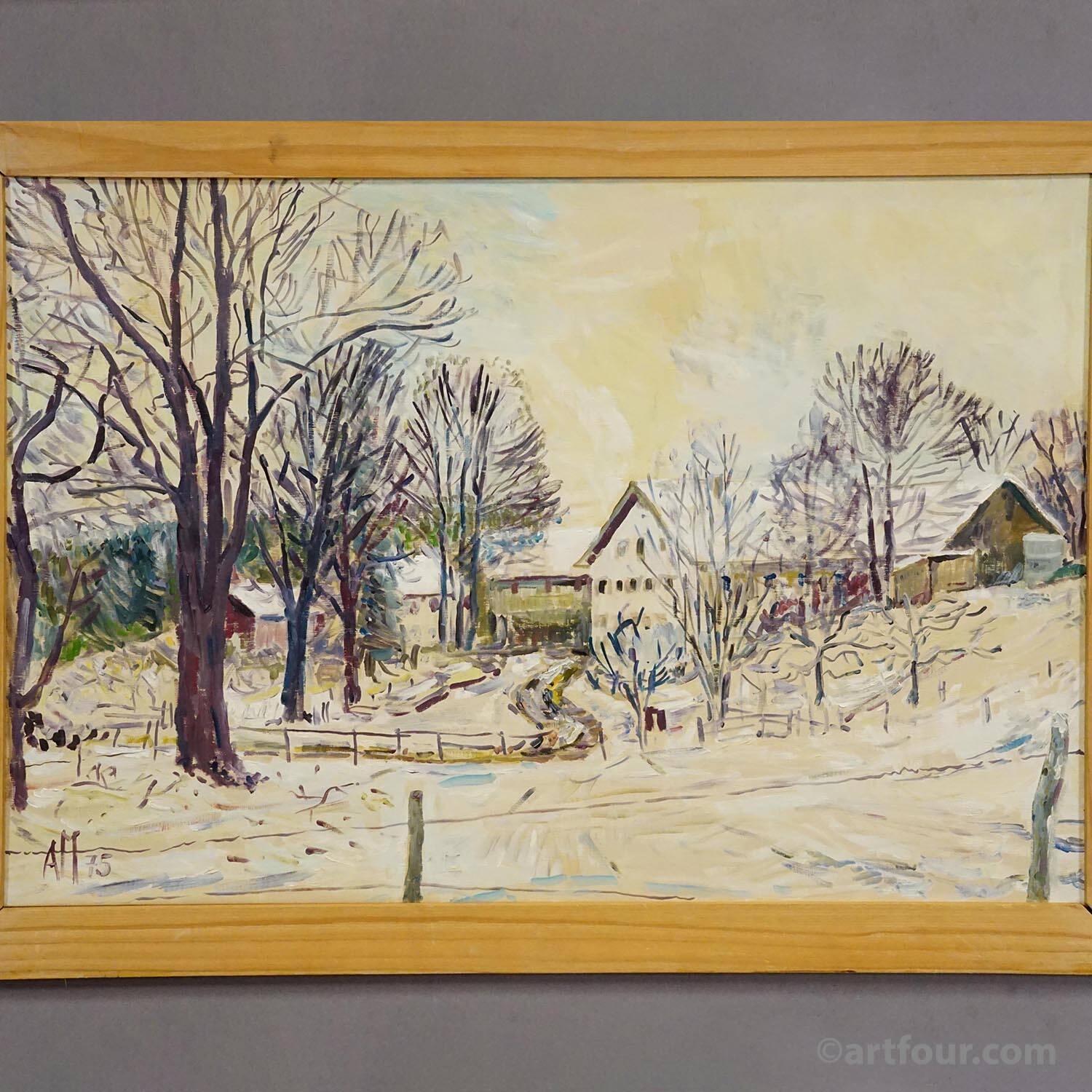 Oil painting by Alexander Michael of a winter farm.