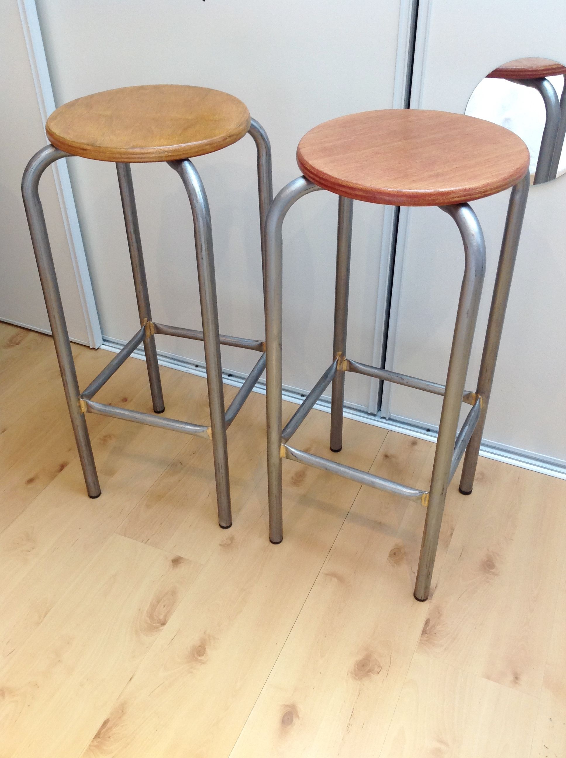 Pair of high wooden stools and metal industrial style 60/70
