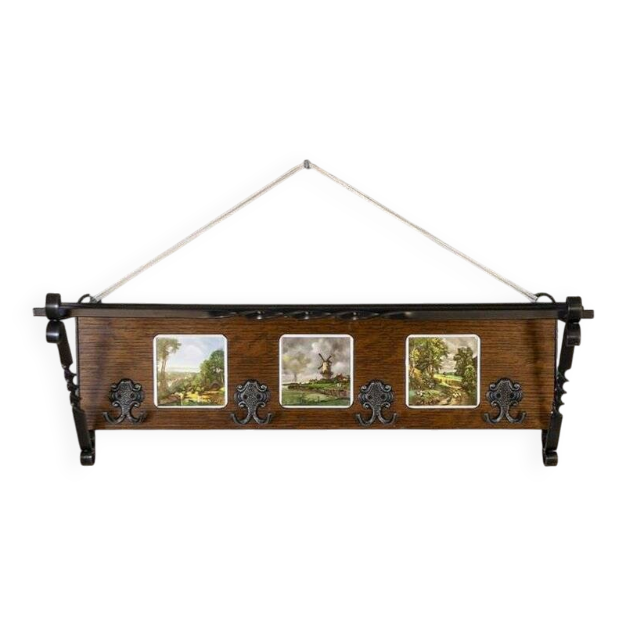 Early 20th Century Dutch Oak Wall Coat Rack with Decorative Tiles, 1950s