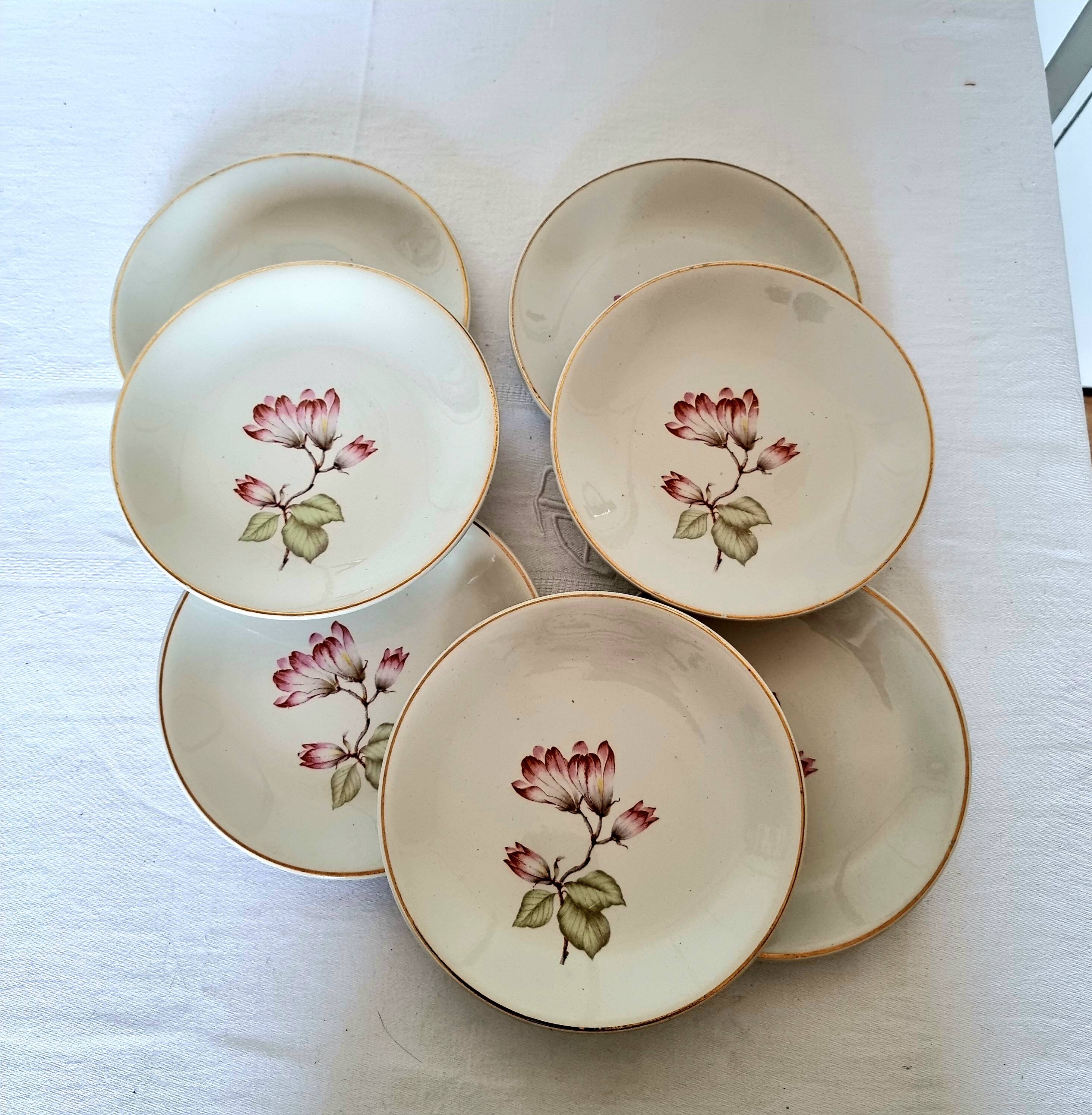 7 Mangnolias Dessert Plates 19.5cm with Gold profile.