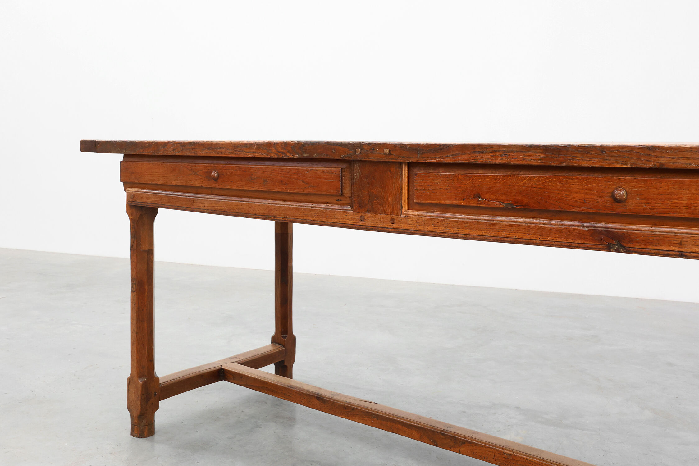Rustic 19th century oak dinner table with drawers opening laterally, France
