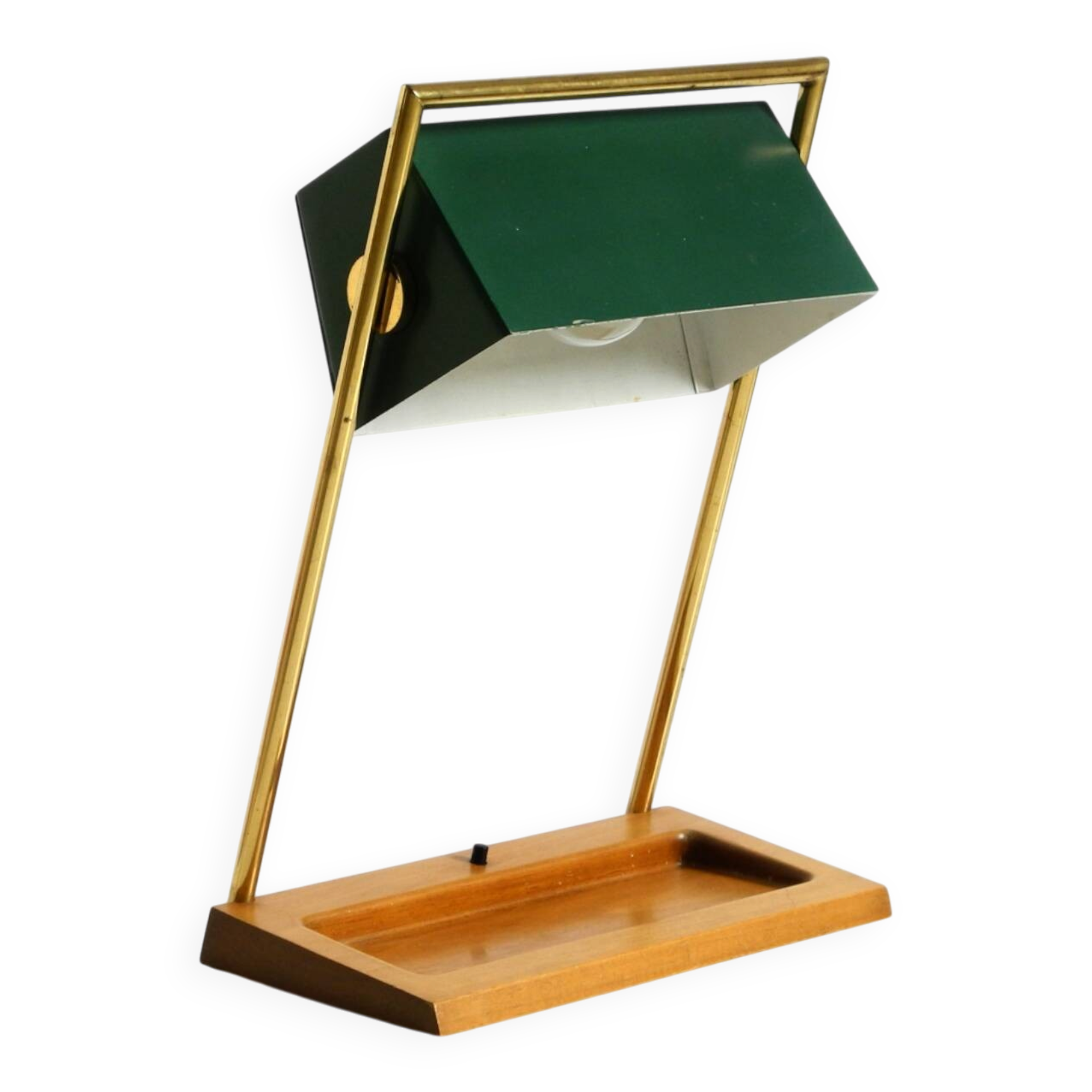 1960s Temde table lamp with a brass frame, teak base, and green lampshade