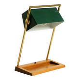 1960s Temde table lamp with a brass frame, teak base, and green lampshade