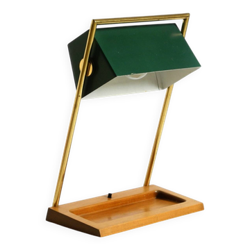 1960s Temde table lamp with a brass frame, teak base, and green lampshade