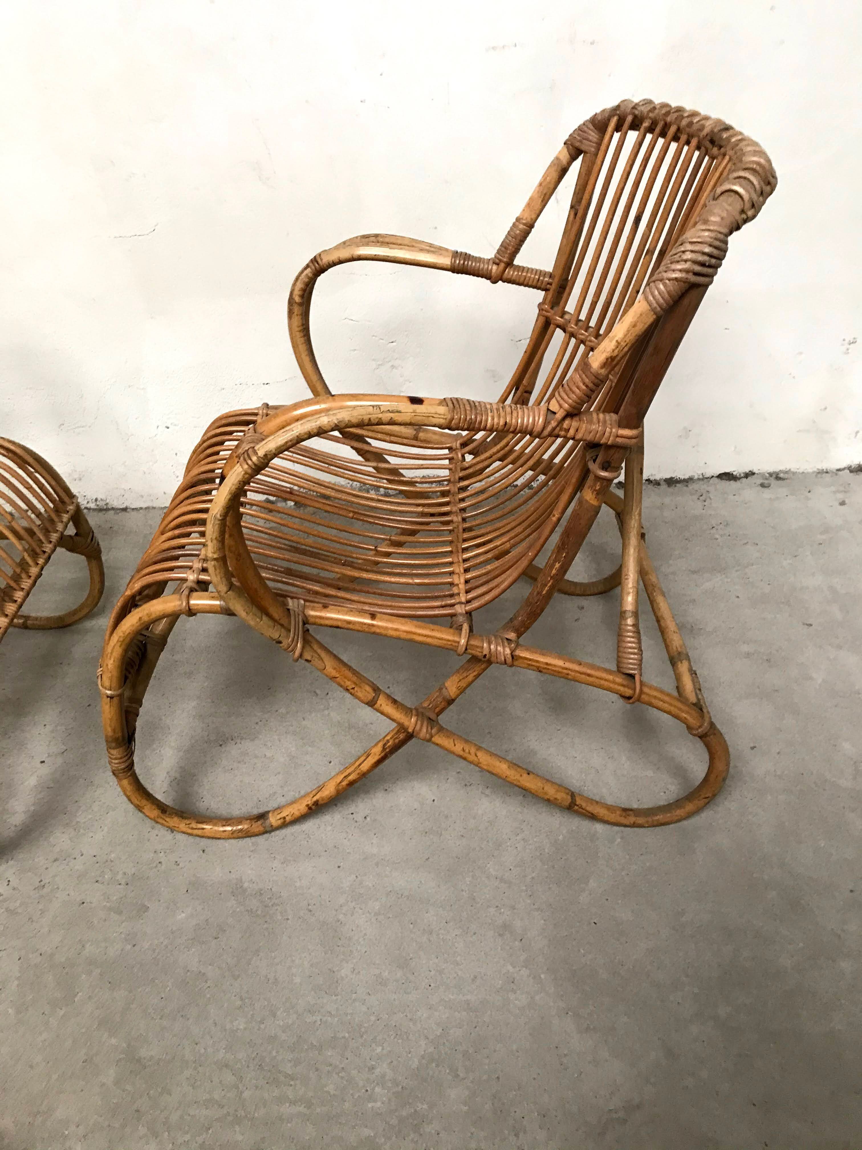 Pair of vintage rattan and bamboo chairs, 60s