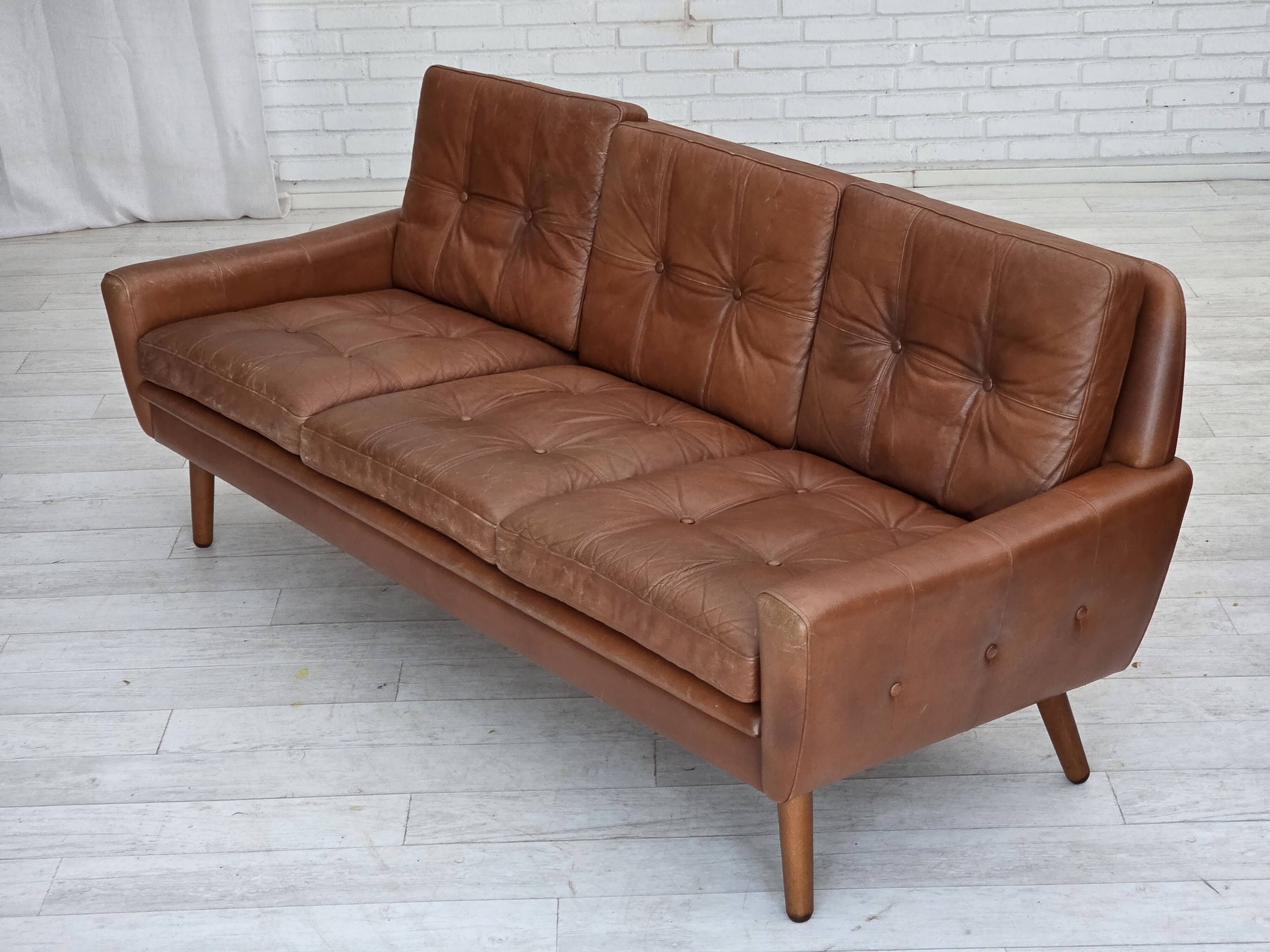 1970s, 3-seater Danish sofa, brown furniture leather with patina.