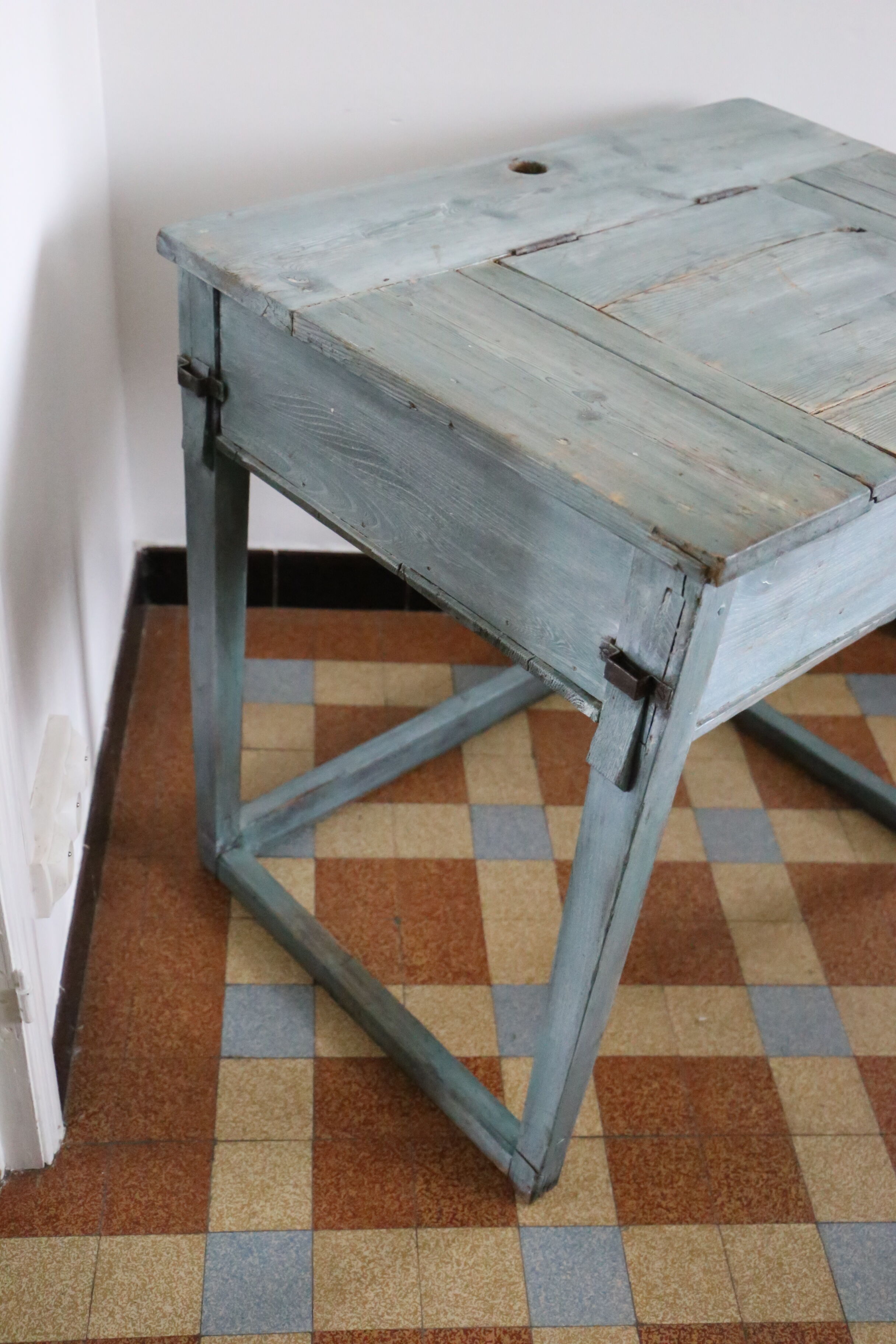 Old box desk, blue lasure