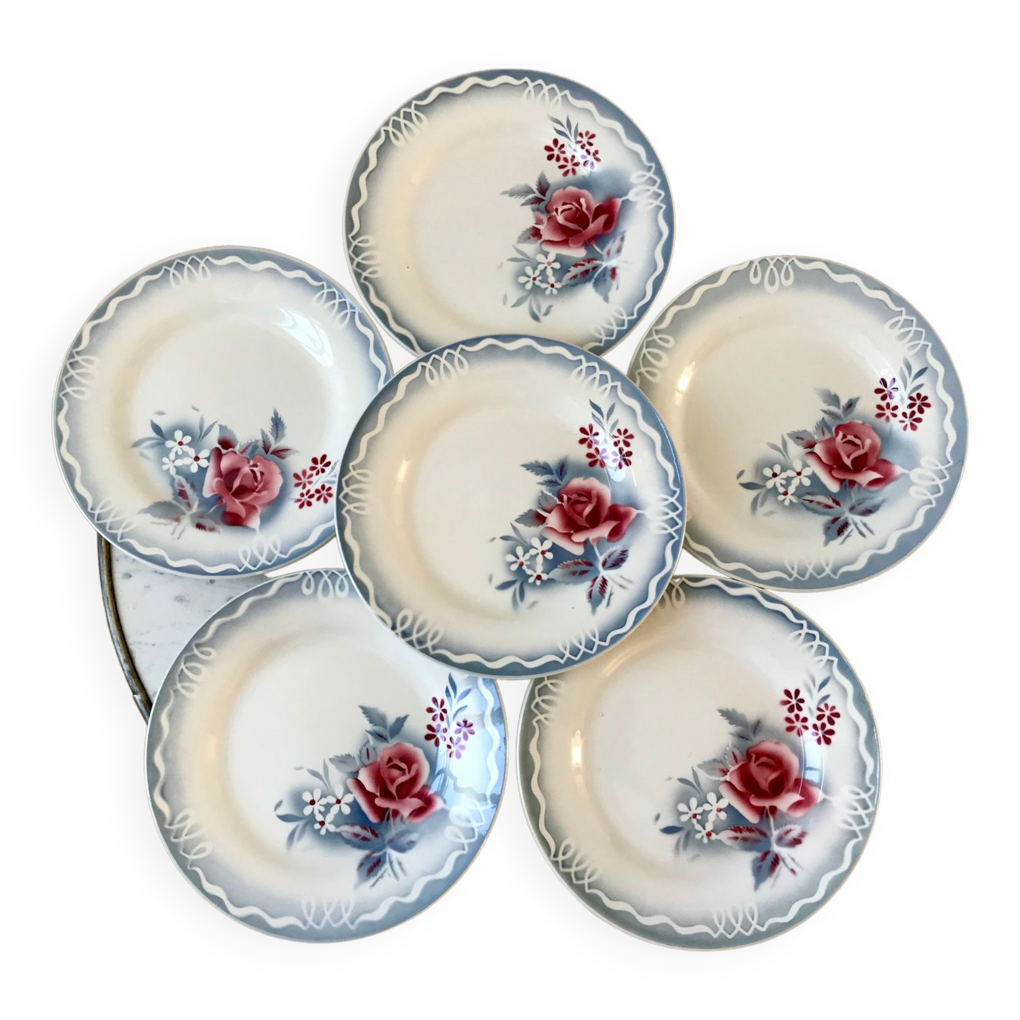 set of 6 flat plates Digoin Sarreguemines model "Lot" 30s