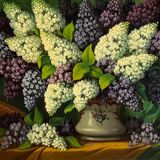 Painting signed "Still life with lilacs".
