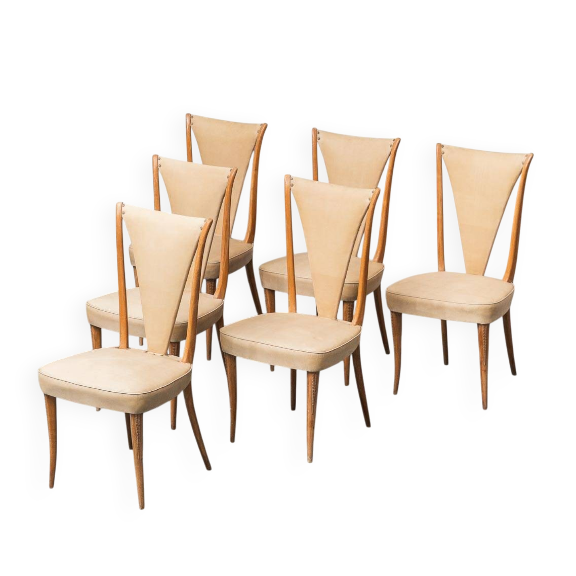 Ensemble de 6 chaises, simili cuir et bois, modernisme vintage années 50