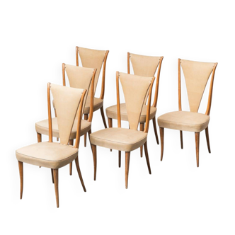 Ensemble de 6 chaises, simili cuir et bois, modernisme vintage années 50