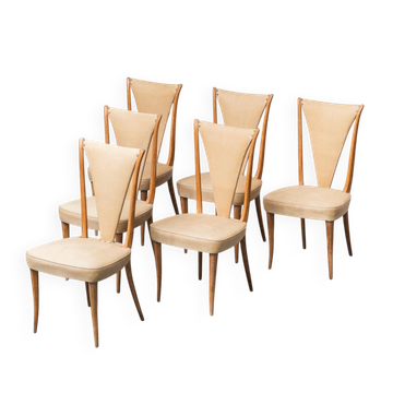Ensemble de 6 chaises, simili cuir et bois, modernisme vintage années 50