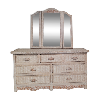 Rattan chest of drawers 80s and its mirror