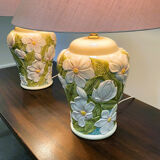Pair of large vintage ceramic table lamps with 3D floral design, 1970s