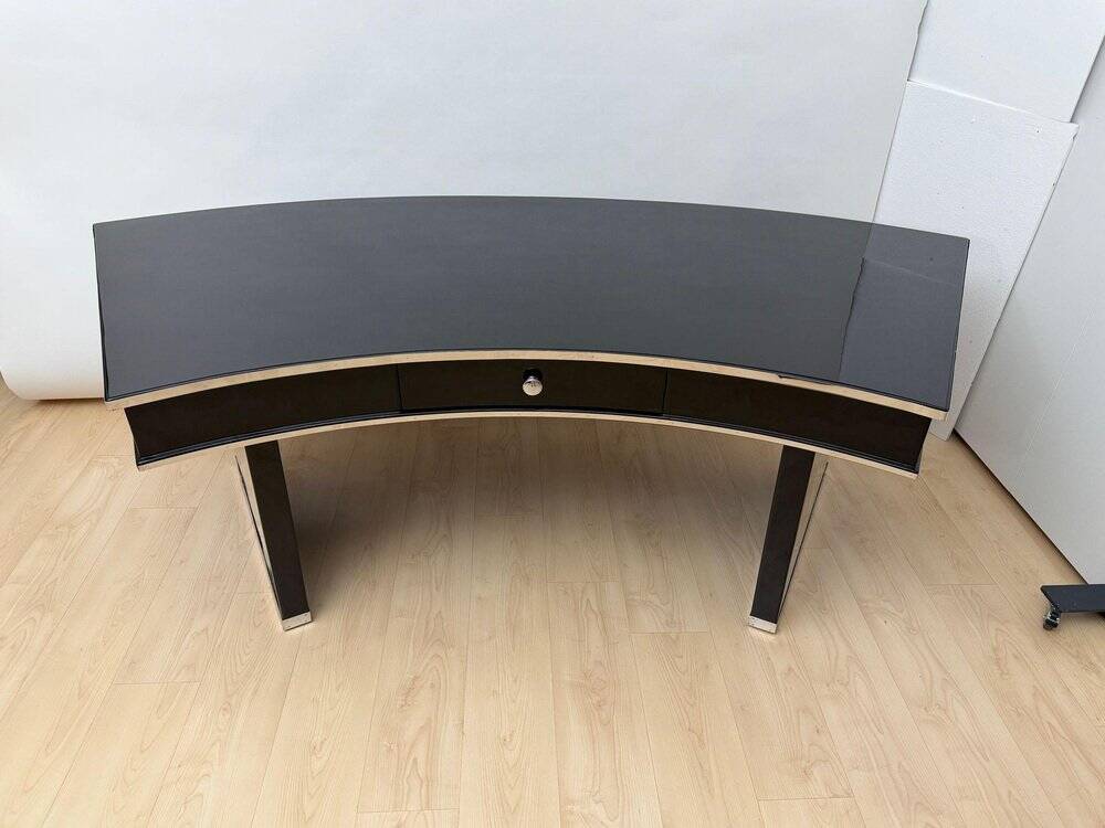 Art Deco desk in black lacquer, walnut & metal, France, 1950