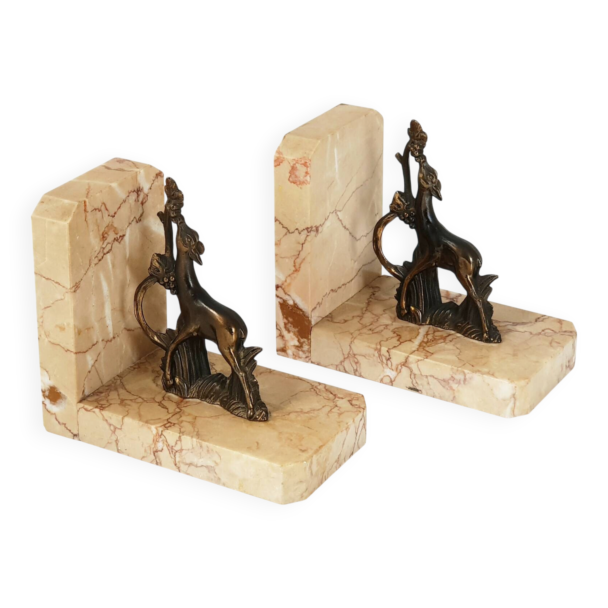 Vintage bronze & marble fawn bookends 1940s 50s