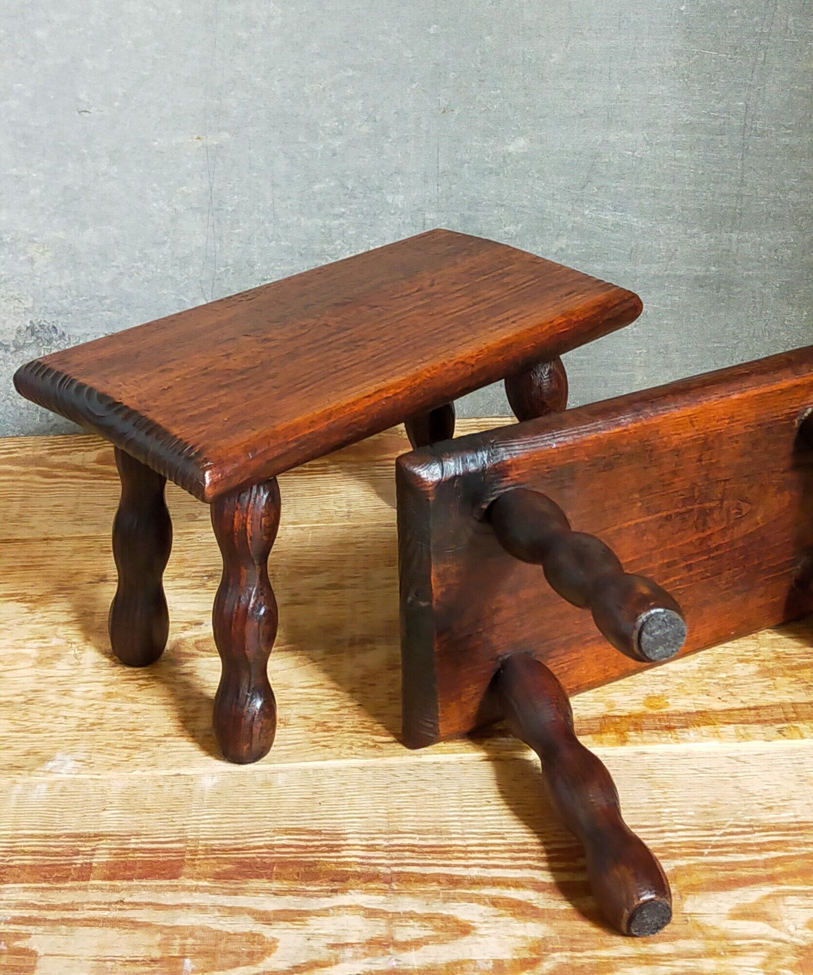 Pair of vintage solid turned wood footstools