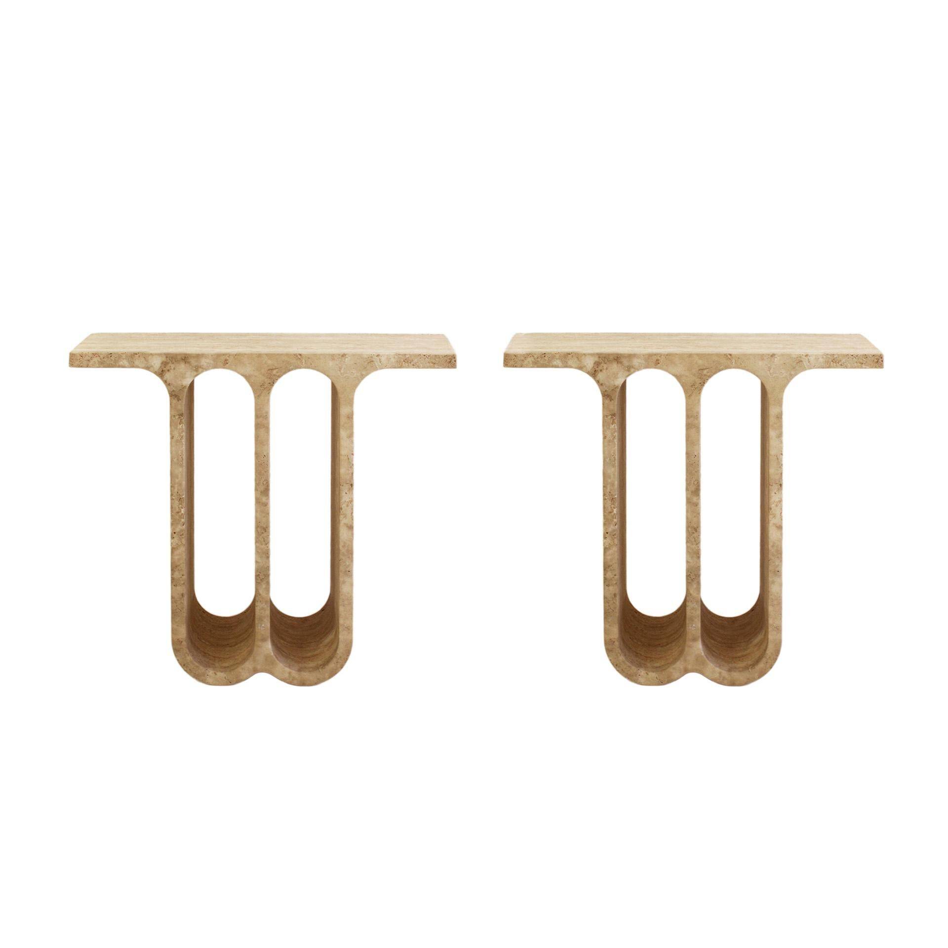 Modern Pair of Italian Ivory Travertine Consoles with Semi-Circular Arches