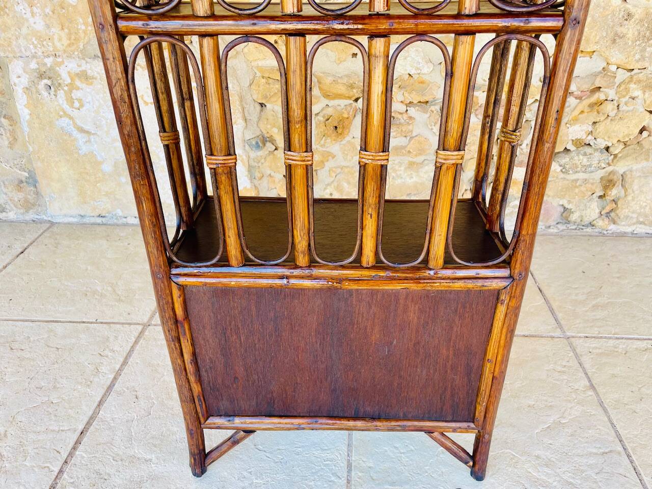 Vintage two-tier bamboo and rattan shelf with storage, Circa 1960