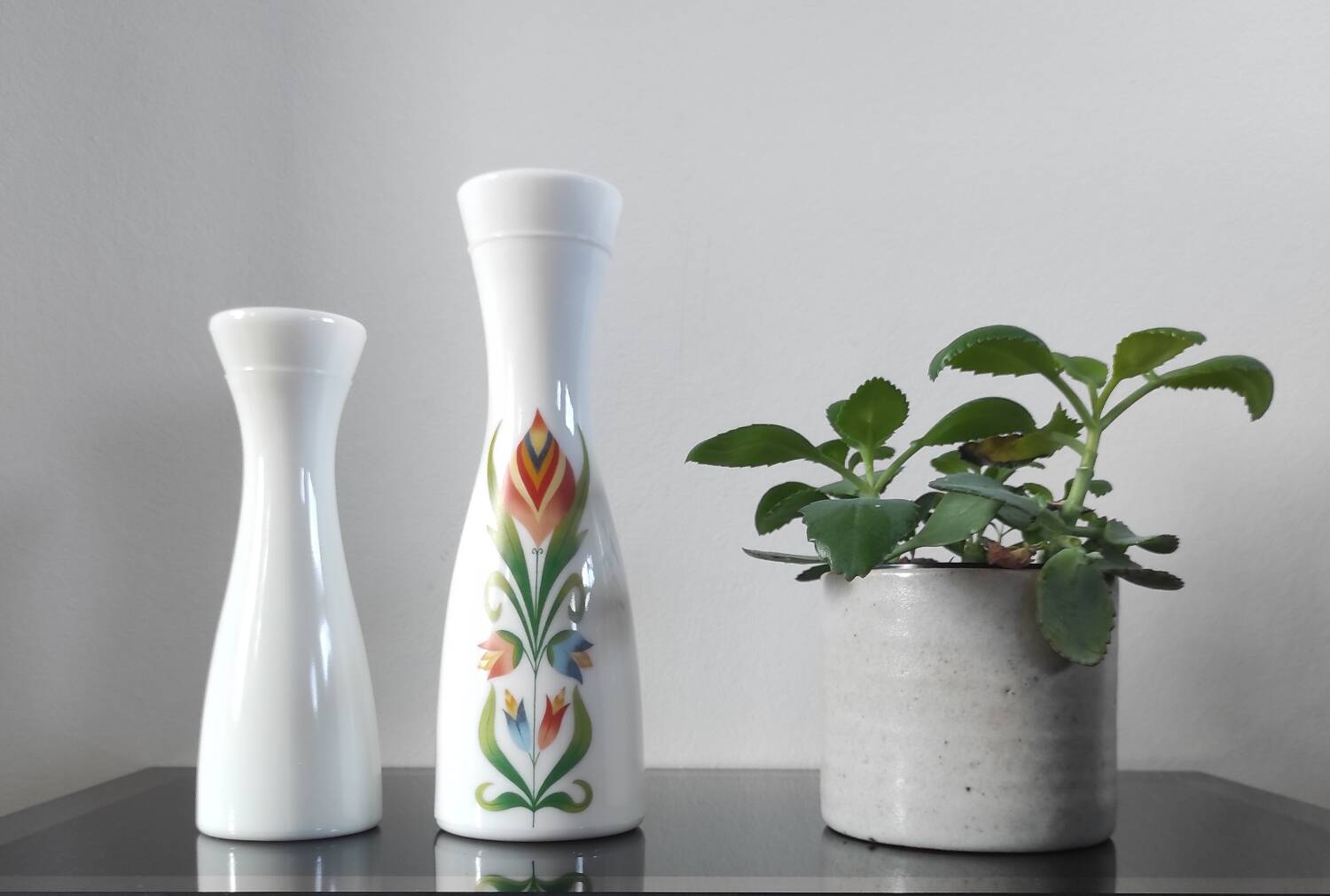 Pair of white opaline flower vases with floral decoration – 1970s