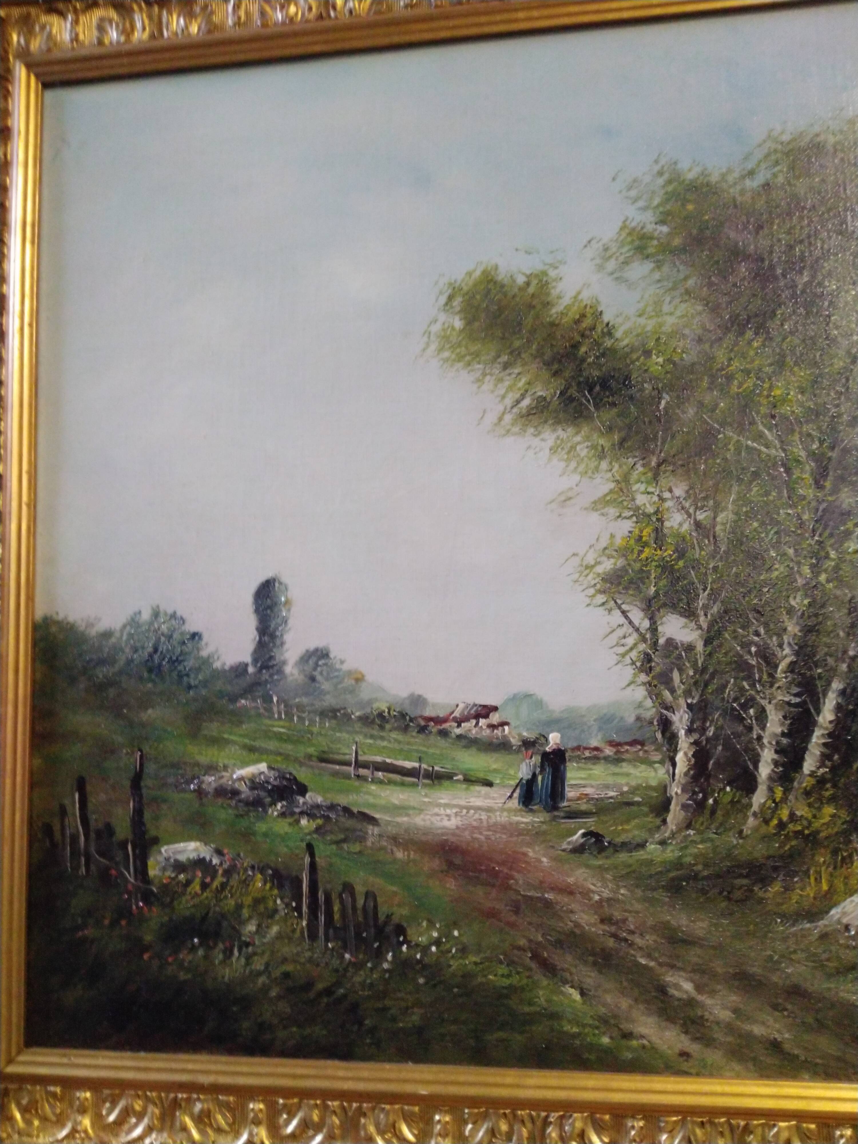 Oil on canvas painting characters on a country road