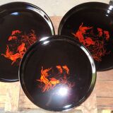 Lot de 3 plateaux noirs ronds en plastique façon laque chinoise 1980 poissons rouges