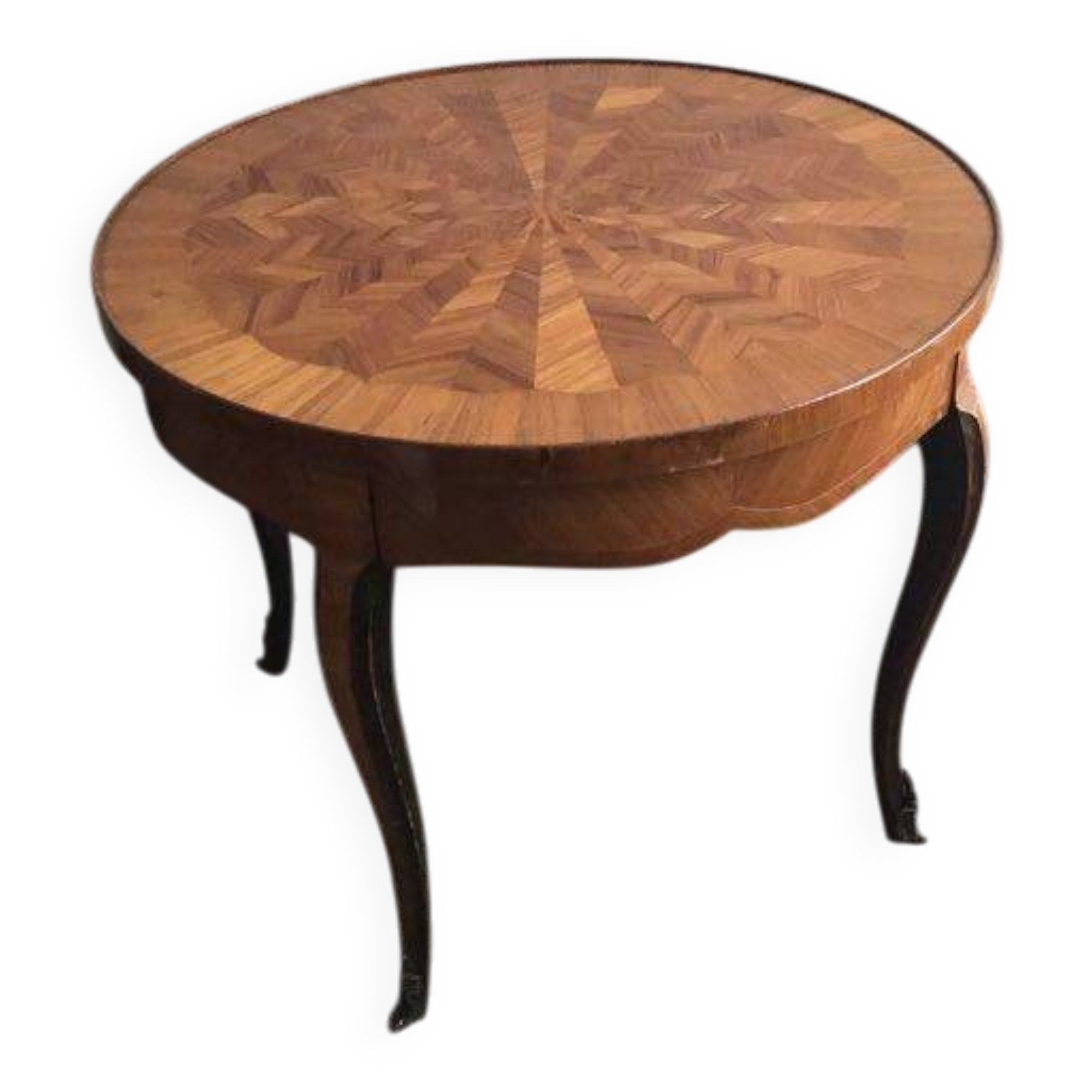 Round marquetry coffee table with curved legs in Louis XV style.