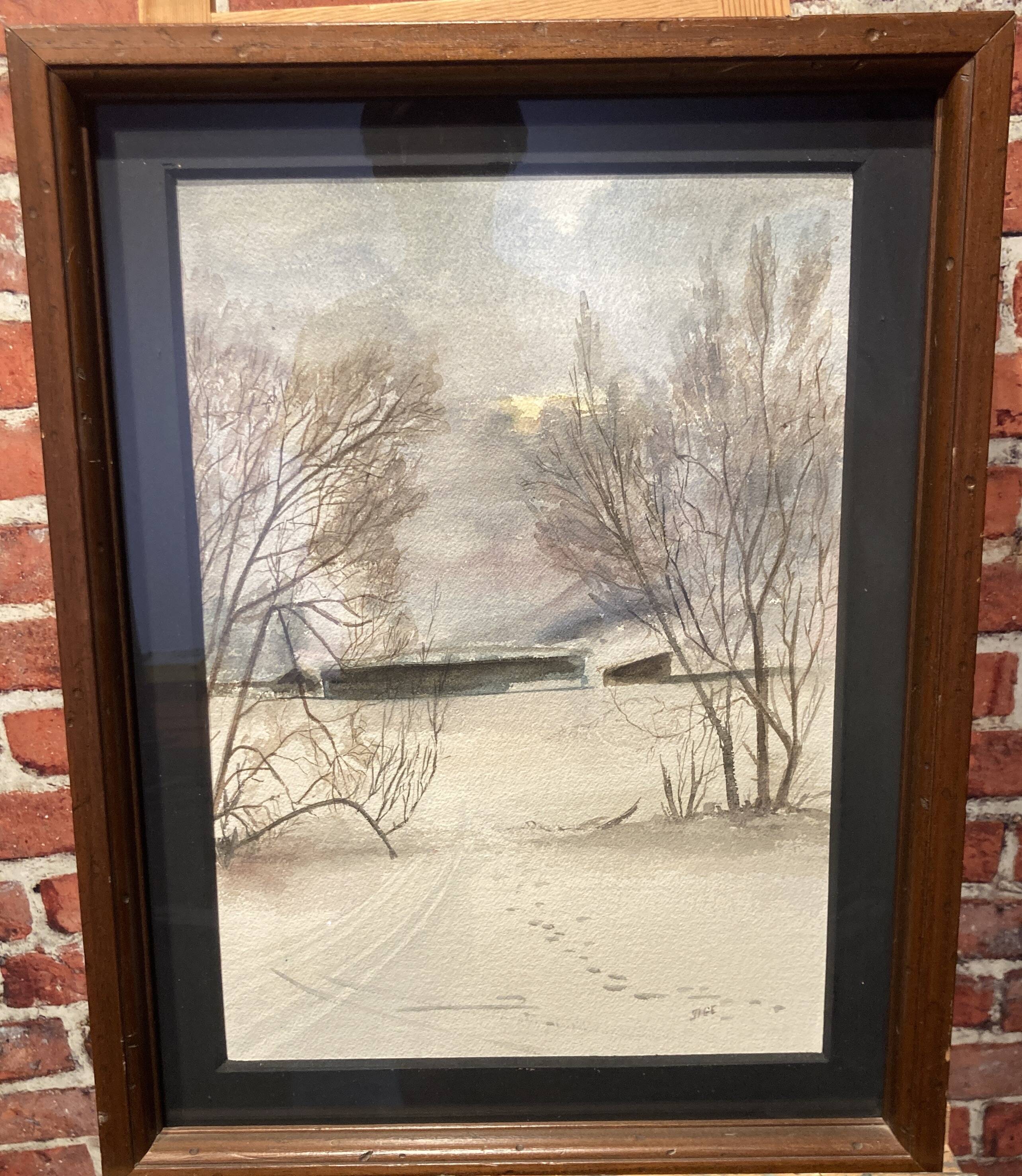 Watercolor framed by a snowy landscape